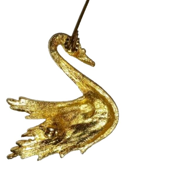 VINTAGE Gold Plated Swan Brooch Detailed Bird Pin Textured Clear Rhinestone Eye - Picture 8 of 9